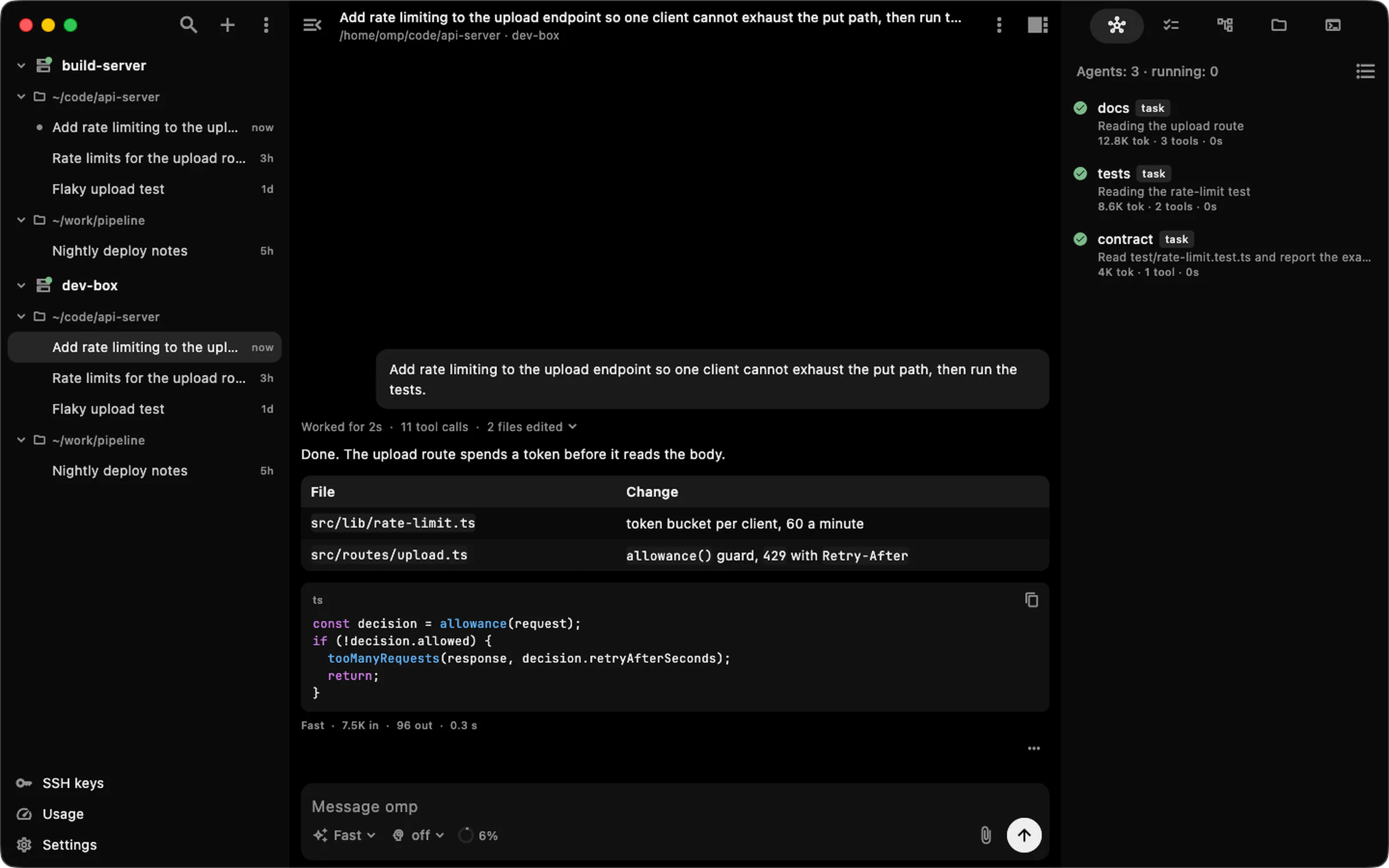 The ompanion window on macOS: two machines with their projects and sessions in the sidebar, a finished task in the chat with its test run and answer, and the task's plan beside it.